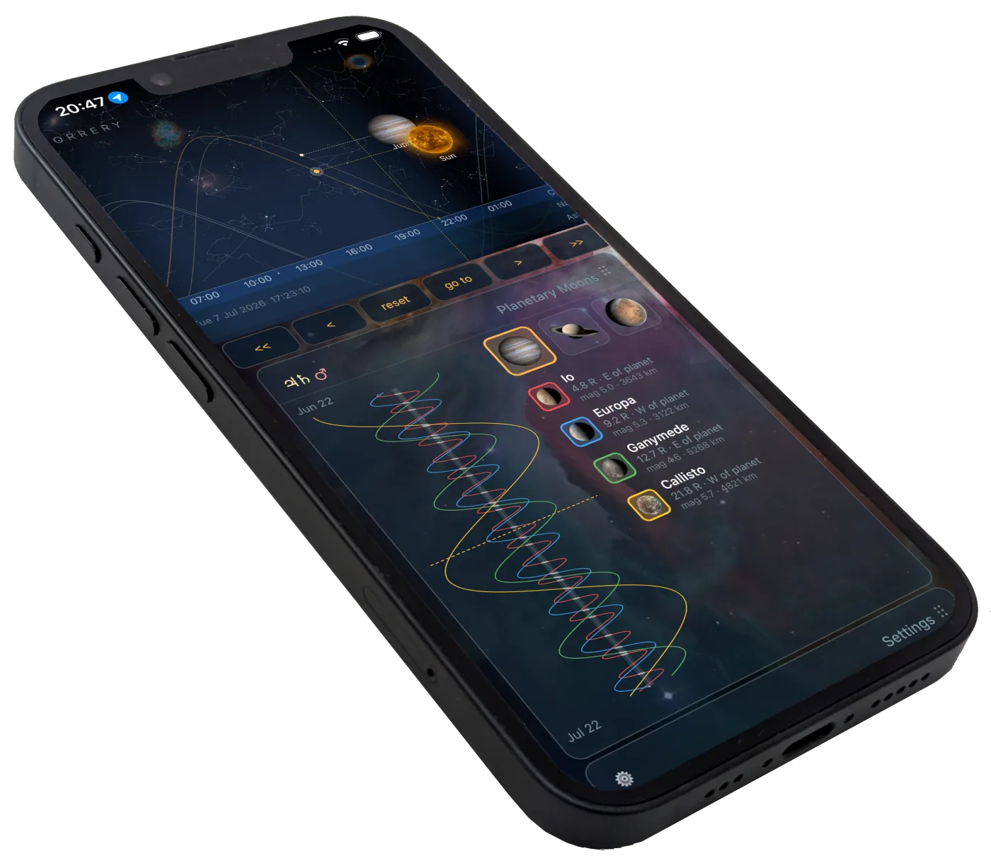Orrery on an iPhone, showing the sky chart and Jupiter's moons