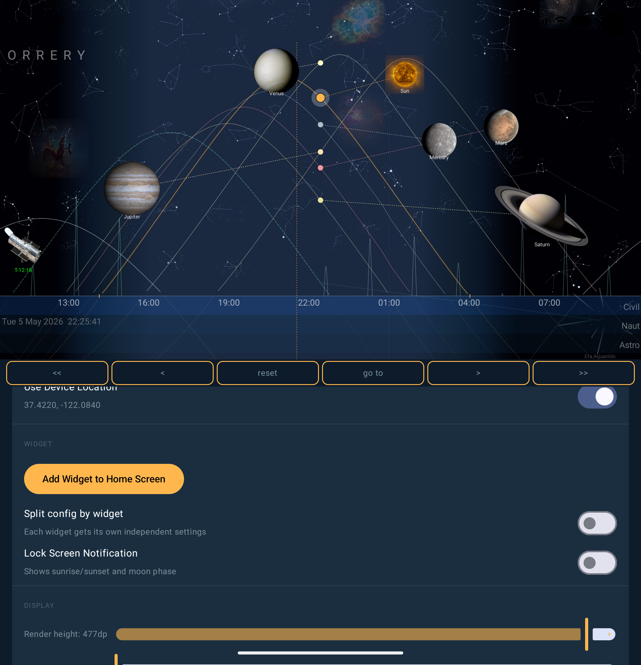 Orrery app settings